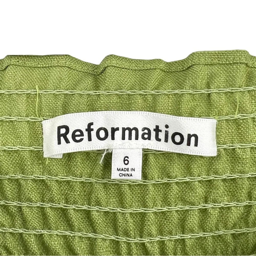 Reformation Vera Linen 2 Piece Set - Green Smocked Top & Matching Cropped Pants